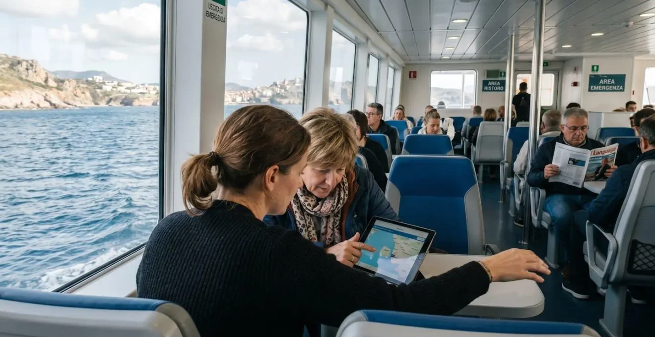 Due passeggeri visti di spalle consultano un tablet in un'area comune luminosa di un traghetto moderno con ampie vetrate