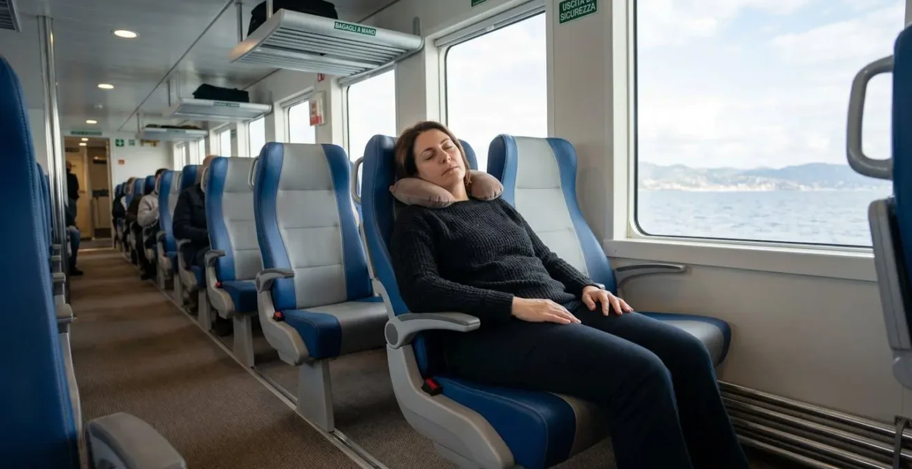 Poltrona reclinabile moderna di un traghetto con passeggero seduto che riposa